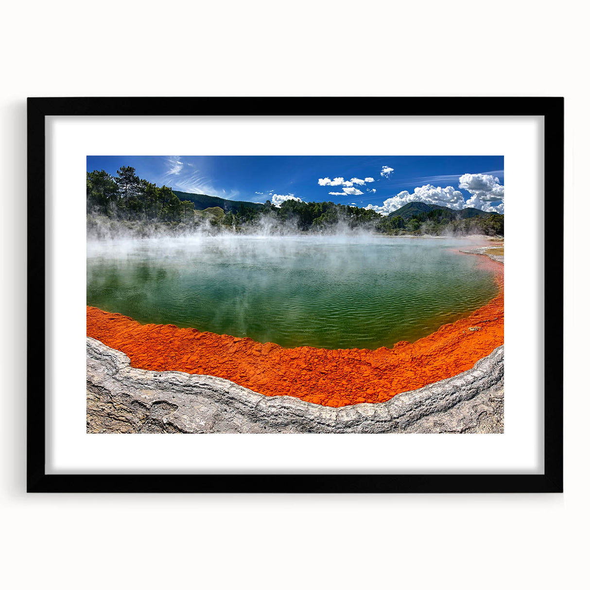 Framed wall art featuring a serene hot spring landscape design, with a sleek black frame and mat, enhancing any modern decor with a touch of tranquility.