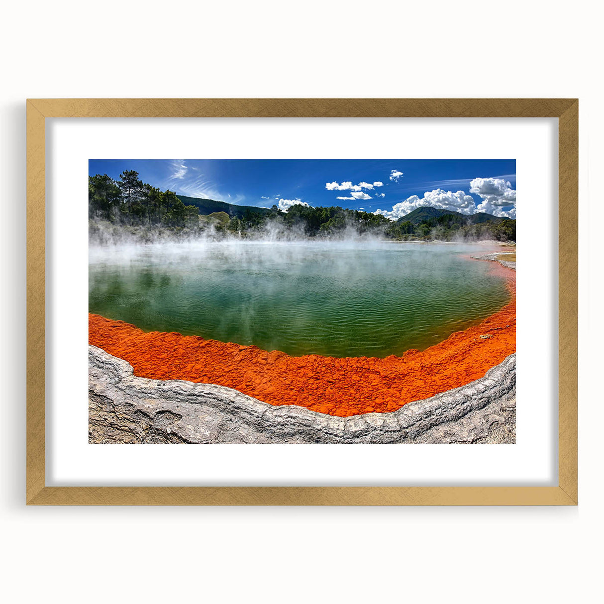 Framed wall art featuring a serene hot spring landscape design, elegantly presented with a gold mat and frame, perfect for enhancing modern home decor.