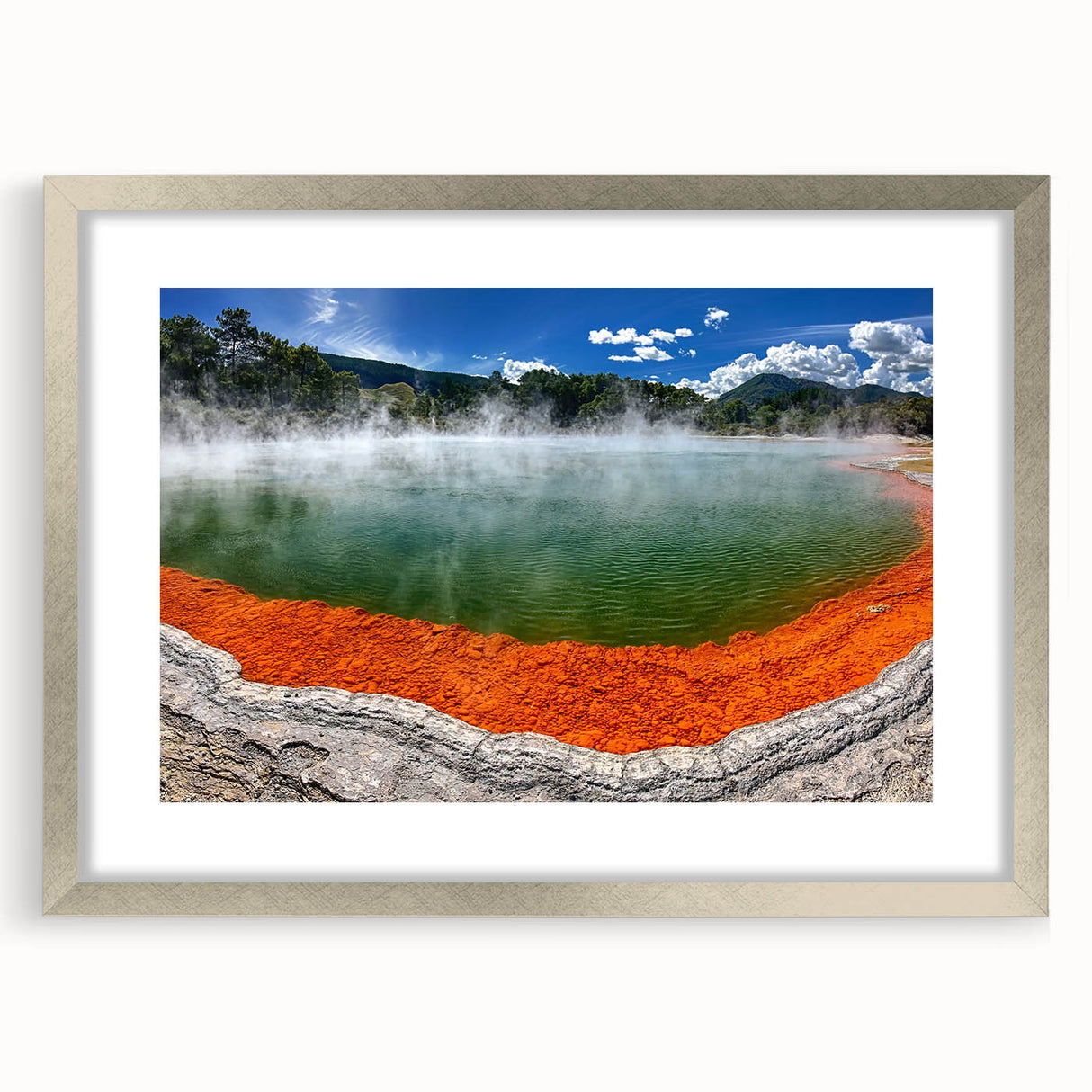 Framed wall art collection showcasing a serene hot spring landscape design, featuring a silver mat and modern frame, ideal for home decor enhancement.