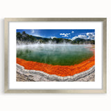 Framed wall art collection showcasing a serene hot spring landscape design, featuring a silver mat and modern frame, ideal for home decor enhancement.