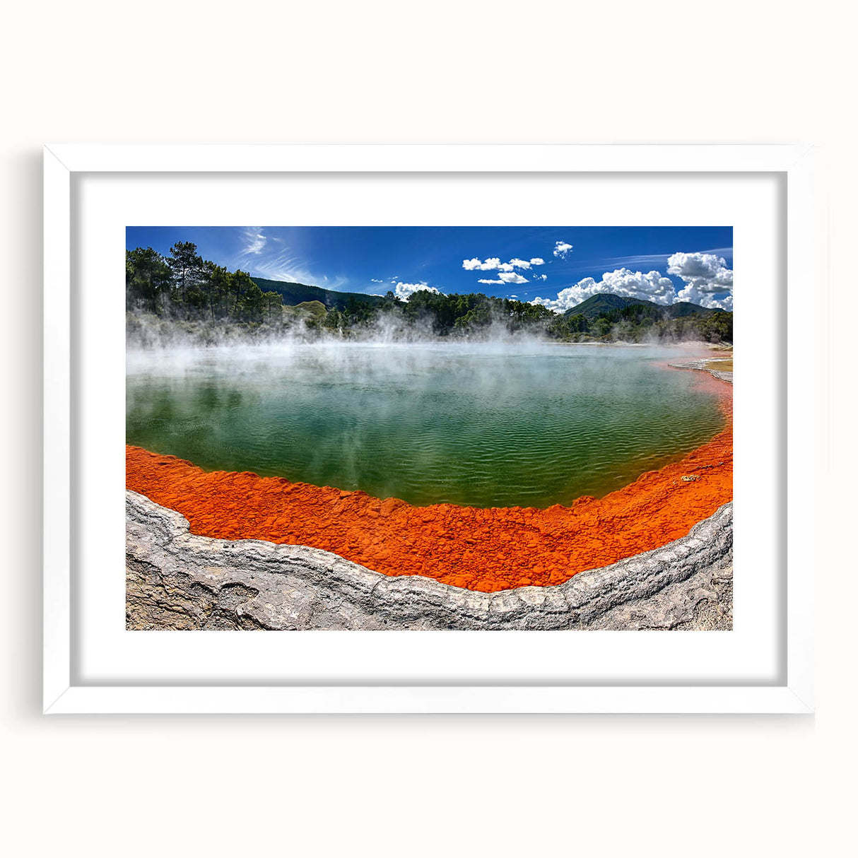 Framed wall art design featuring a serene hot spring landscape, showcasing vibrant colors and intricate details, perfect for enhancing living spaces or office decor.
