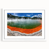 Framed wall art design featuring a serene hot spring landscape, showcasing vibrant colors and intricate details, perfect for enhancing living spaces or office decor.