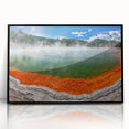 Framed acrylic wall art showcasing a serene hot spring landscape design with vibrant colors, perfect for home decor, enhancing relaxation and tranquility.