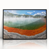 Framed acrylic wall art showcasing a serene hot spring landscape design with vibrant colors, perfect for home decor, enhancing relaxation and tranquility.