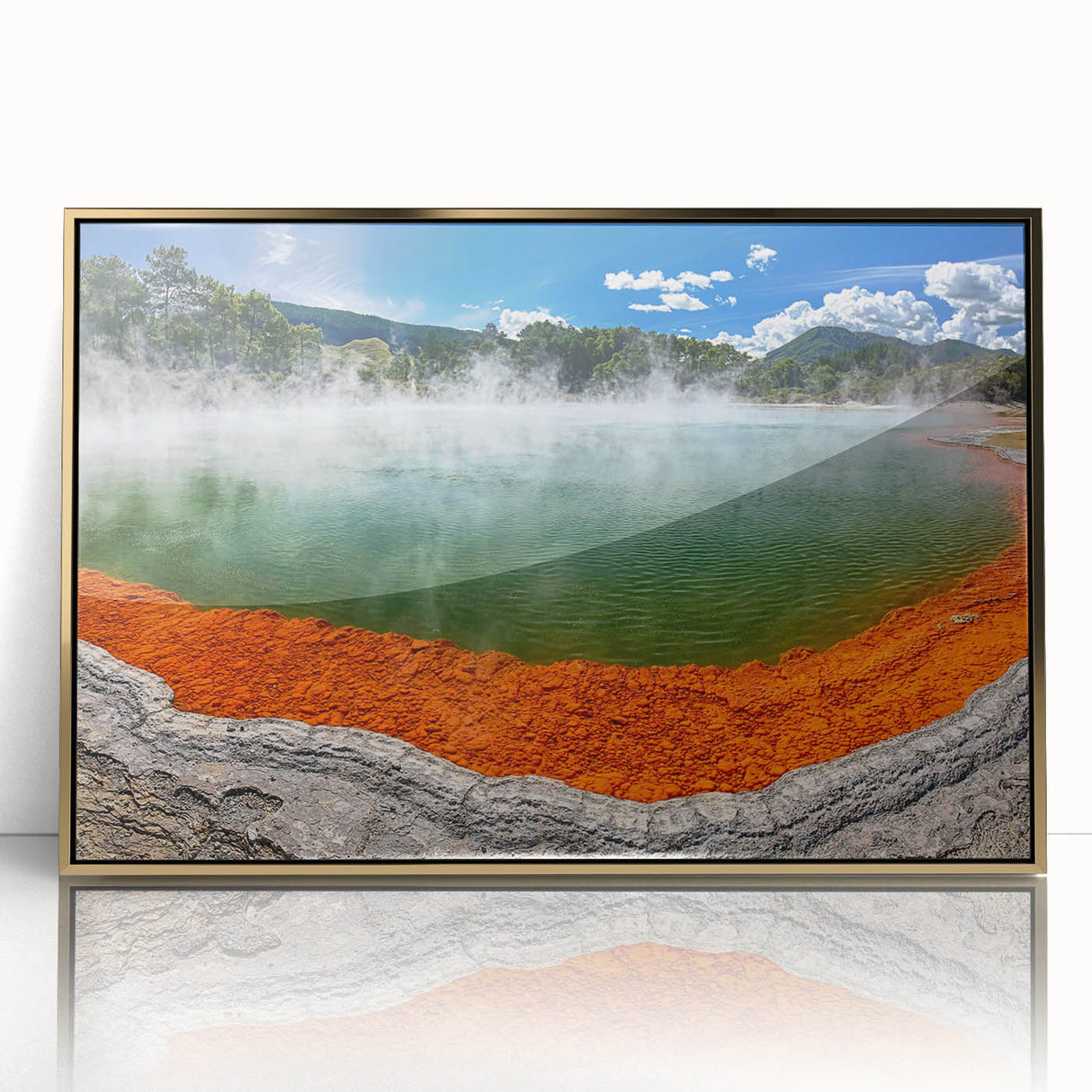 Framed wall art showcasing a serene hot spring landscape design with vibrant colors and gold accents, perfect for enhancing modern home decor.