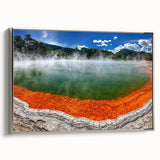 Framed canvas wall art showcasing a serene hot spring landscape design, with vibrant colors and intricate details, elegantly presented with a silver frame.