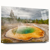 Acrylic glass wall art showcasing a vibrant hot spring landscape design, displayed from the side with pins for mounting, perfect for modern home decor.