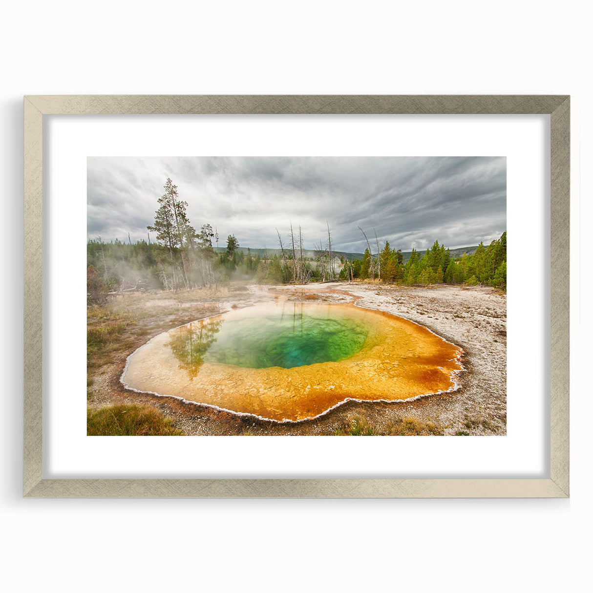 Framed wall art collection showcasing a serene hot spring landscape design with a silver mat, ideal for enhancing modern home decor aesthetics.