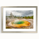 Framed wall art collection showcasing a serene hot spring landscape design with a silver mat, ideal for enhancing modern home decor aesthetics.