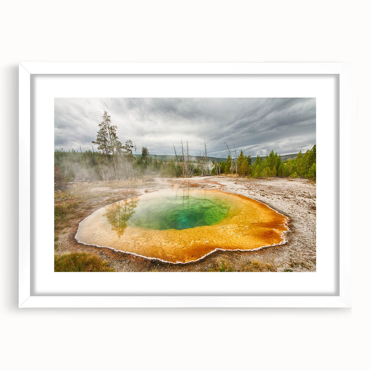 Framed wall art collection showcasing a serene hot spring landscape design, featuring a white mat and sleek frame, perfect for enhancing home decor.
