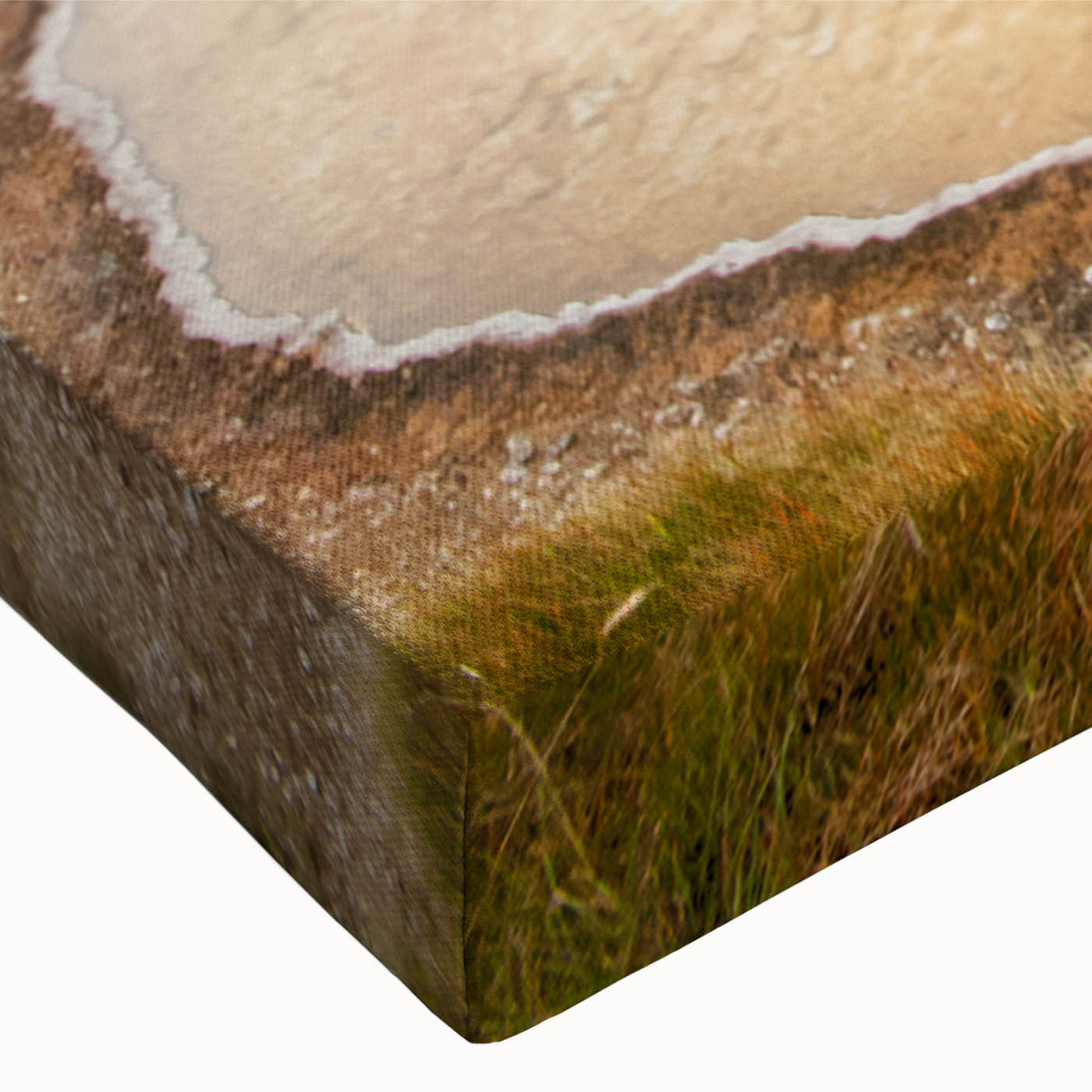 Close-up of a vibrant, stretched canvas wall art piece showcasing a serene hot spring landscape, featuring lush greenery and tranquil water, ideal for home decor.