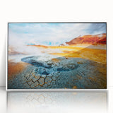 Framed acrylic wall art displaying a serene hot spring landscape, featuring lush greenery and a tranquil water scene, perfect for home decor in modern settings.