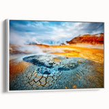 Framed canvas wall art showcasing a serene hot spring landscape, featuring vibrant colors and intricate details, perfect for home decor. The piece is elegantly displayed from a side view to highlight its frame and artistic craftsmanship.
