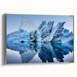 Framed canvas wall art showcasing a modern iceberg design in silver tones, elegantly displayed from a side view, perfect for contemporary home decor.