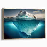 Framed canvas wall art featuring a stunning iceberg design in cool blue tones, accented by a gold frame, showcasing a contemporary landscape suitable for modern decor.