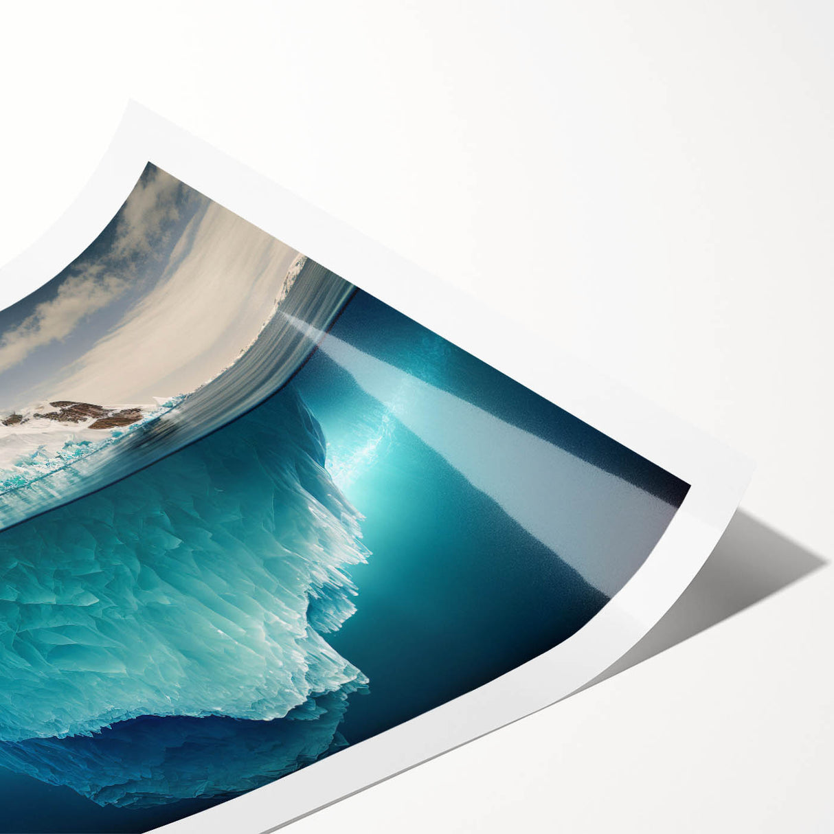 Rolled print of an iceberg landscape design, showcasing vibrant blues and whites with intricate details, ideal for modern home decor and wall art collection.