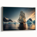 Framed canvas wall art featuring a stunning iceberg landscape design with a silver frame, showcasing vivid blue hues and intricate ice textures, ideal for modern home decor.