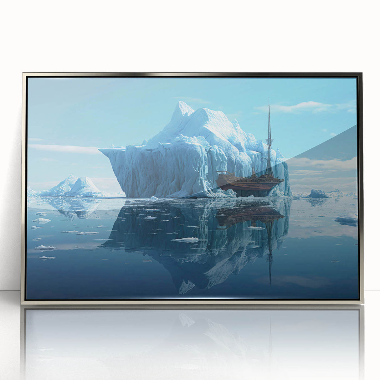 Framed acrylic wall art showcasing a stunning iceberg design in silver, perfect for modern decor. This piece adds a touch of elegance and tranquility to any space.