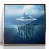 Framed wall art piece showcasing a stunning iceberg design in blue and white hues, accented with gold framing, perfect for modern home decor.