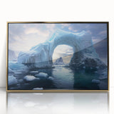 Framed wall art featuring a stunning iceberg design in hues of blue and white, elegantly set in a gold frame, perfect for modern home decor and enhancing interior aesthetics.