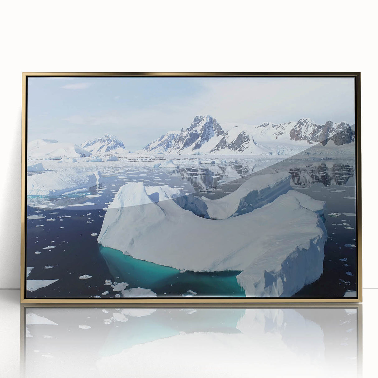 Framed acrylic wall art featuring a stunning iceberg landscape design with gold accents, ideal for modern decor. Perfect for enhancing any living space.