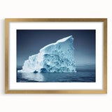 Framed landscape wall art featuring a stunning iceberg design with a gold mat, showcasing vibrant blues and whites, perfect for enhancing modern interiors.