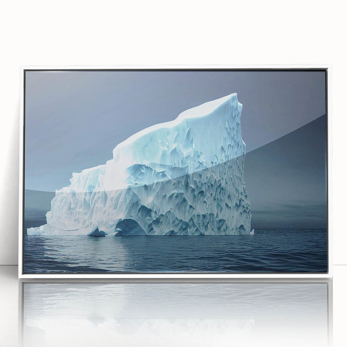 Framed acrylic wall art featuring a vibrant iceberg landscape design, showcasing cool blue and white hues, perfect for modern decor.