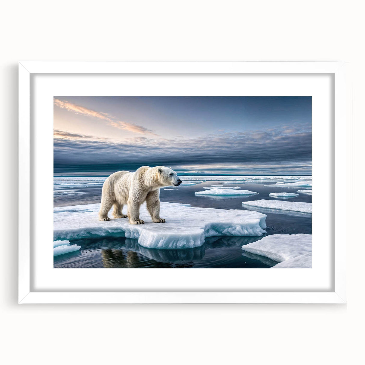Framed wall art featuring a stunning iceberg landscape design, set within a white mat, showcasing vibrant blues and icy textures, perfect for modern decor.