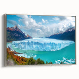 Framed canvas wall art showcasing a stunning iceberg landscape design, featuring cool blue tones and silver accents, perfect for modern home decor.
