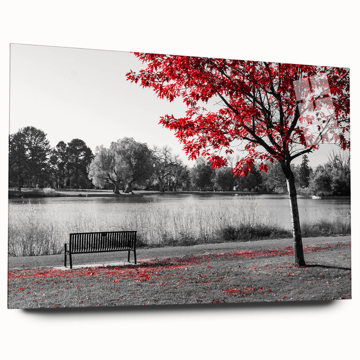 Acrylic glass wall art showcasing a serene landscape with a lake, mountains, and vibrant sky colors, elegantly displayed from a side view without pins. Ideal for home décor.
