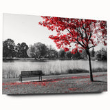 Acrylic glass wall art showcasing a serene landscape with a lake, mountains, and vibrant sky colors, elegantly displayed from a side view without pins. Ideal for home décor.