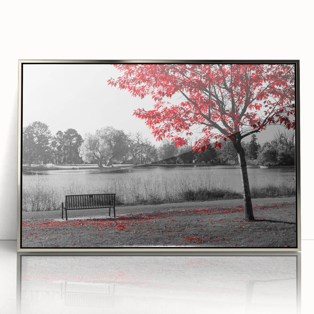 Framed acrylic wall art showcasing a serene lake landscape with vibrant colors and intricate details, ideal for enhancing modern home decor.