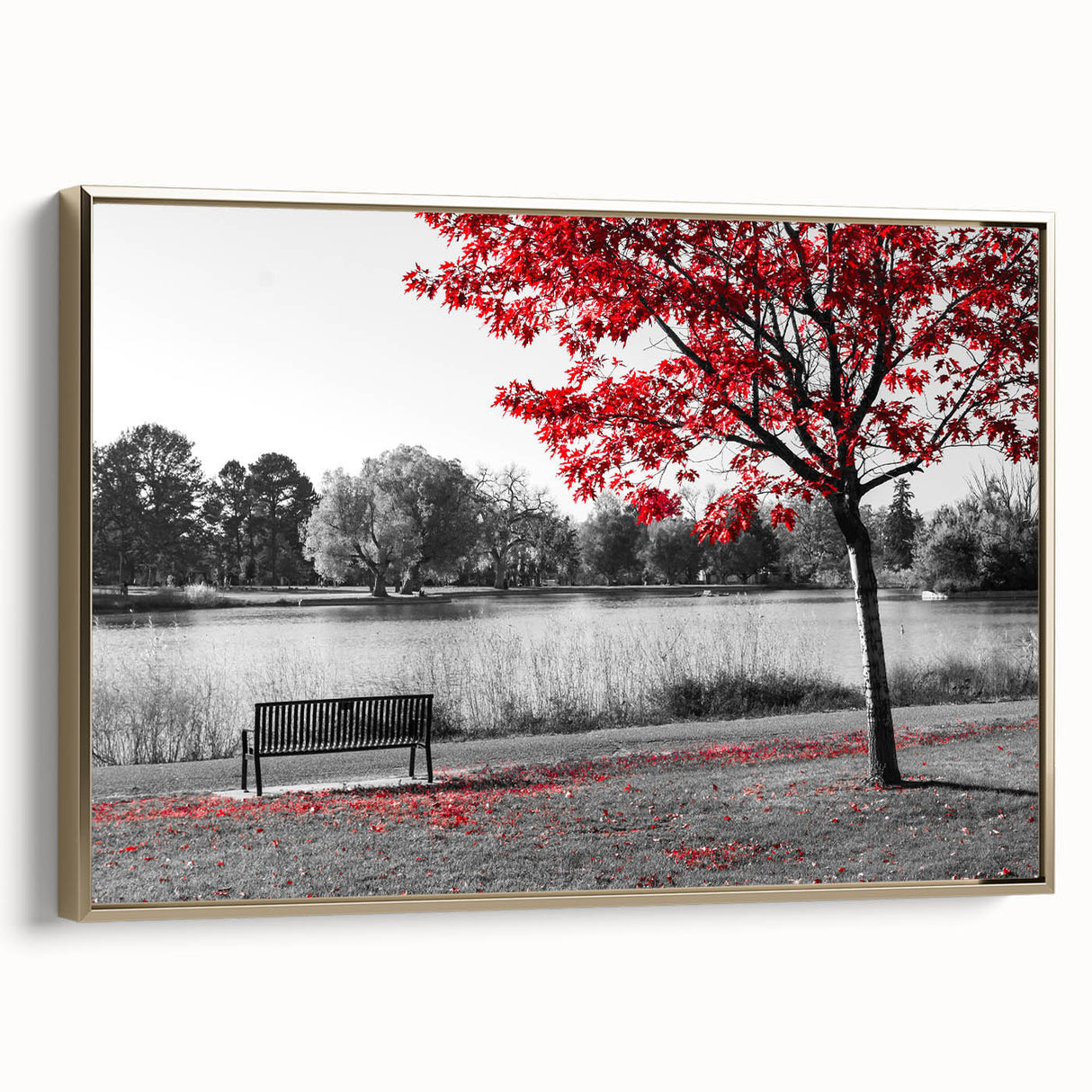 Framed canvas wall art featuring serene lake landscapes with gold accents, showcasing vibrant colors and intricate details, perfect for home decor.
