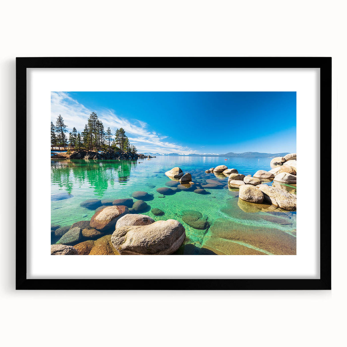 Framed black wall art featuring serene landscape and lake design, perfect for home decor, showcasing a modern aesthetic with a sleek mat finish.