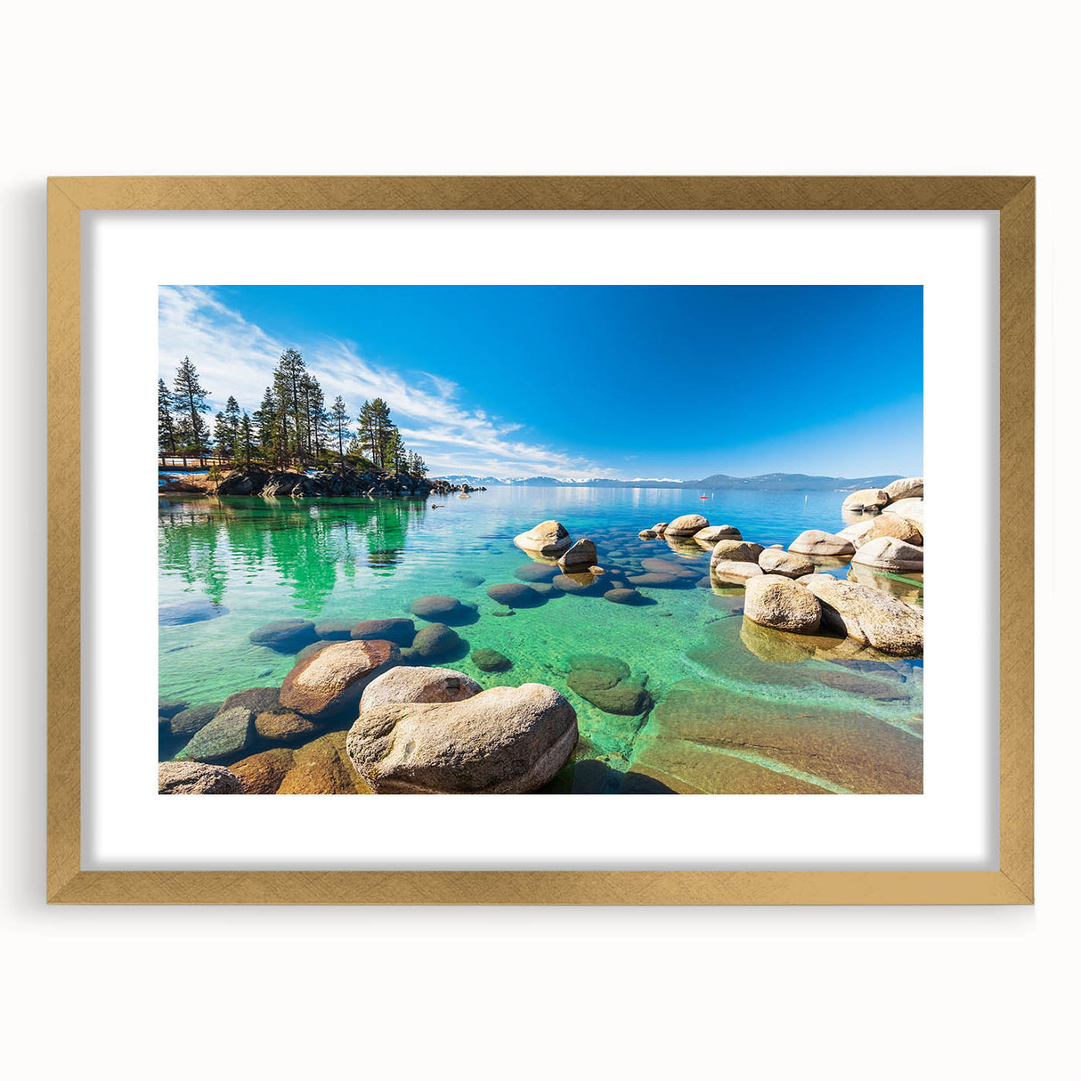 Framed wall art featuring a serene landscape of tranquil lakes, elegantly designed with a gold frame and mat, perfect for enhancing home decor aesthetics.