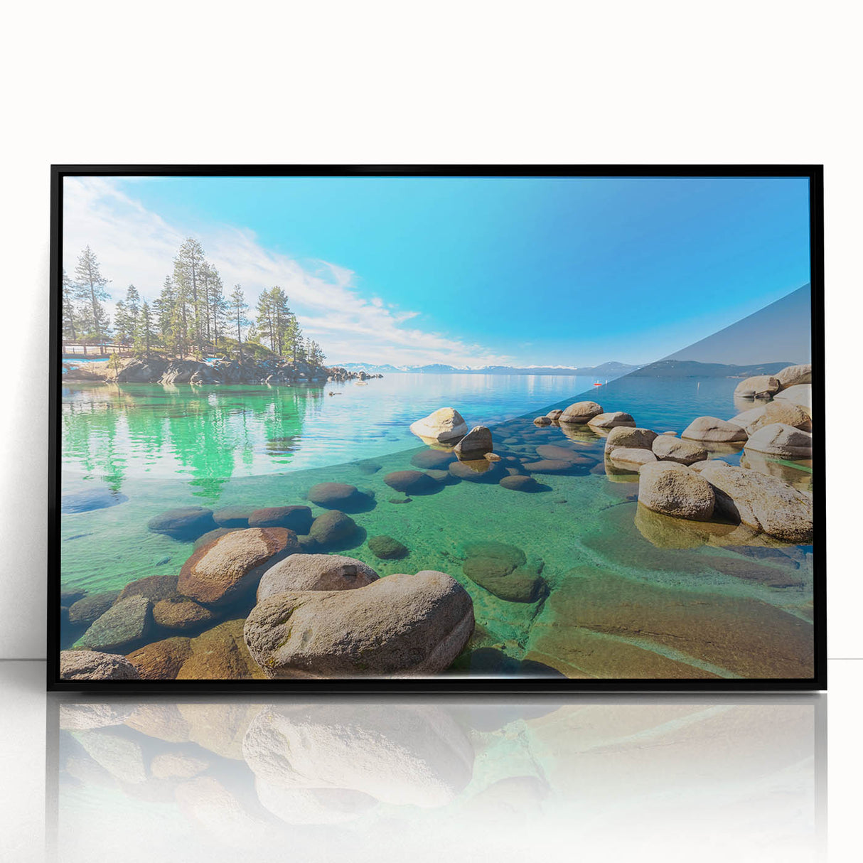 Framed acrylic wall art featuring a serene lake landscape design, with vibrant colors and a sleek black frame, perfect for modern home decor.