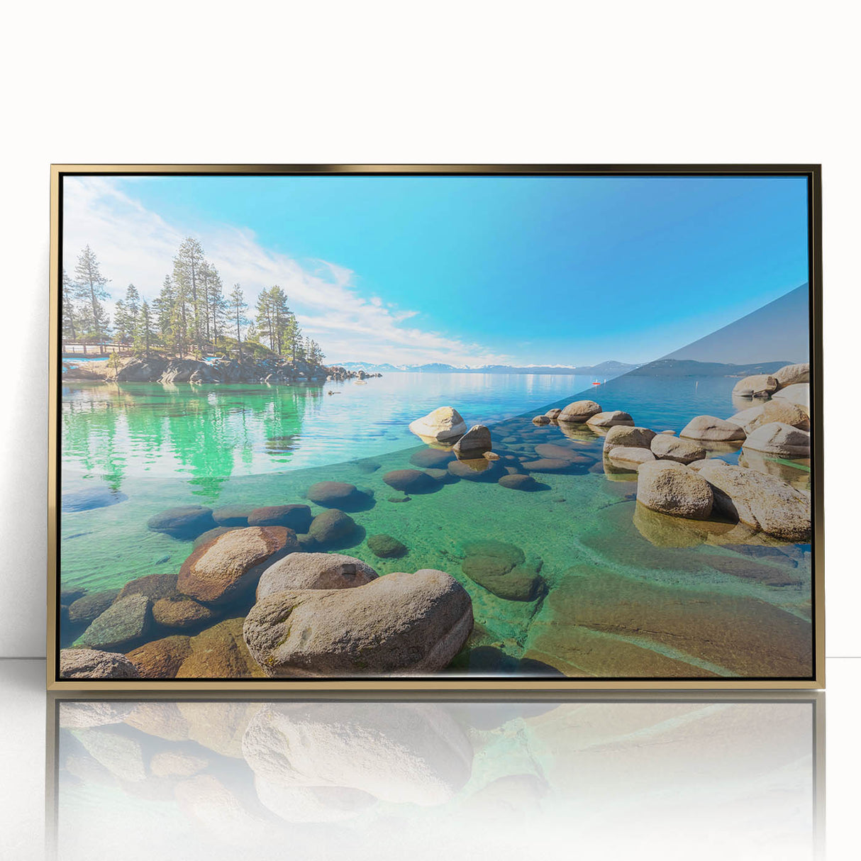 Framed wall art showcasing a serene lake landscape design with vibrant colors and a polished gold frame, ideal for enhancing modern home decor aesthetics.