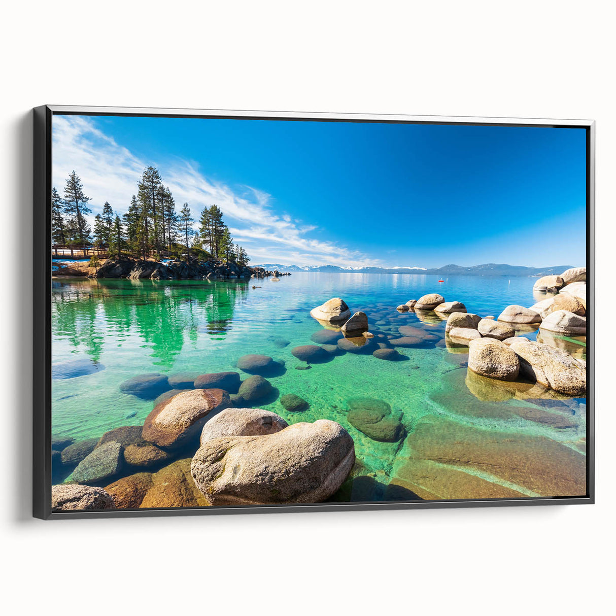 Framed canvas wall art depicting a serene lakeside landscape with vibrant colors and detailed textures, presented in a sleek black frame from the Landscapes Lakes collection.