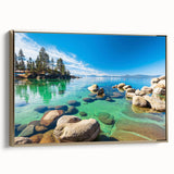 Framed canvas wall art showcasing a serene lake landscape, featuring vibrant colors and gold accents, perfect for enhancing home decor with a tranquil ambiance.