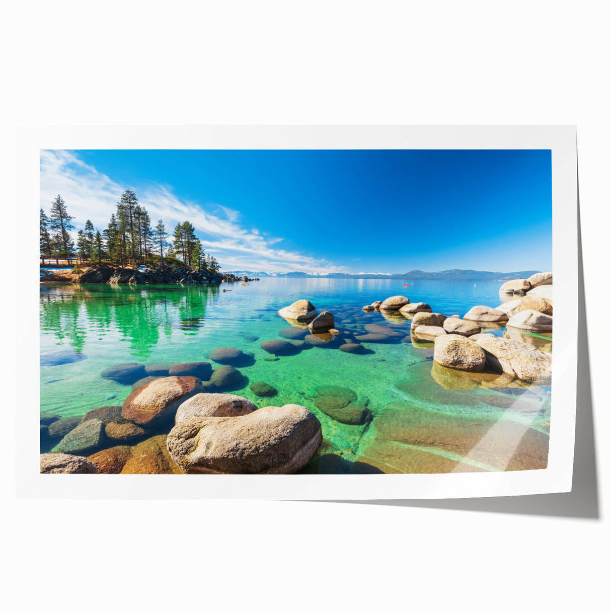 Vibrant rolled landscape wall art print showcasing a serene lake surrounded by lush greenery and distant mountains, designed to enhance any living space decor.