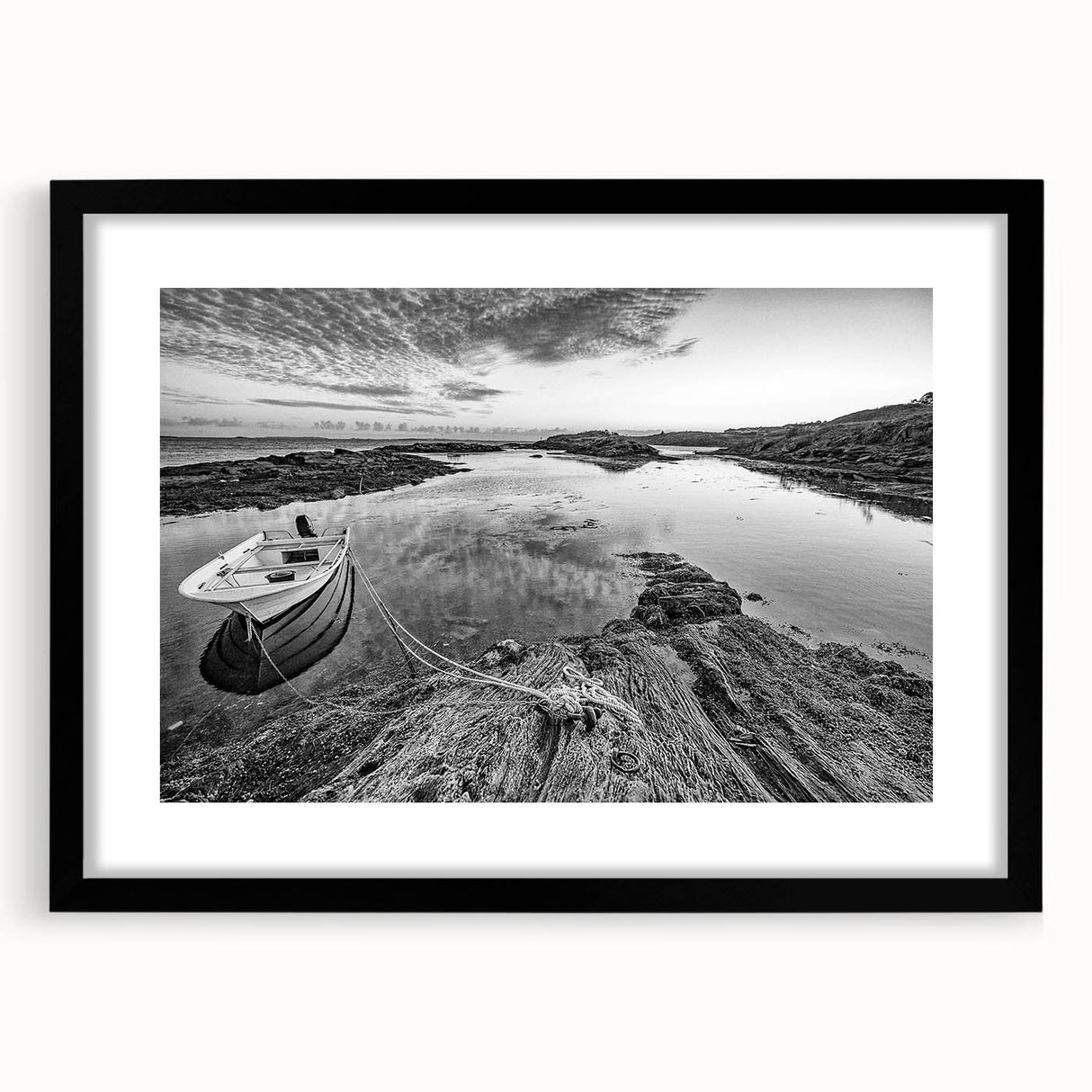 Framed wall art showcasing a serene lakeside landscape in vibrant colors, featuring a black mat and sleek frame, ideal for home decor enhancement.