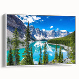 Framed wall art featuring a serene lakeside landscape design, showcasing vibrant blues and greens, with a white border, perfect for home décor.