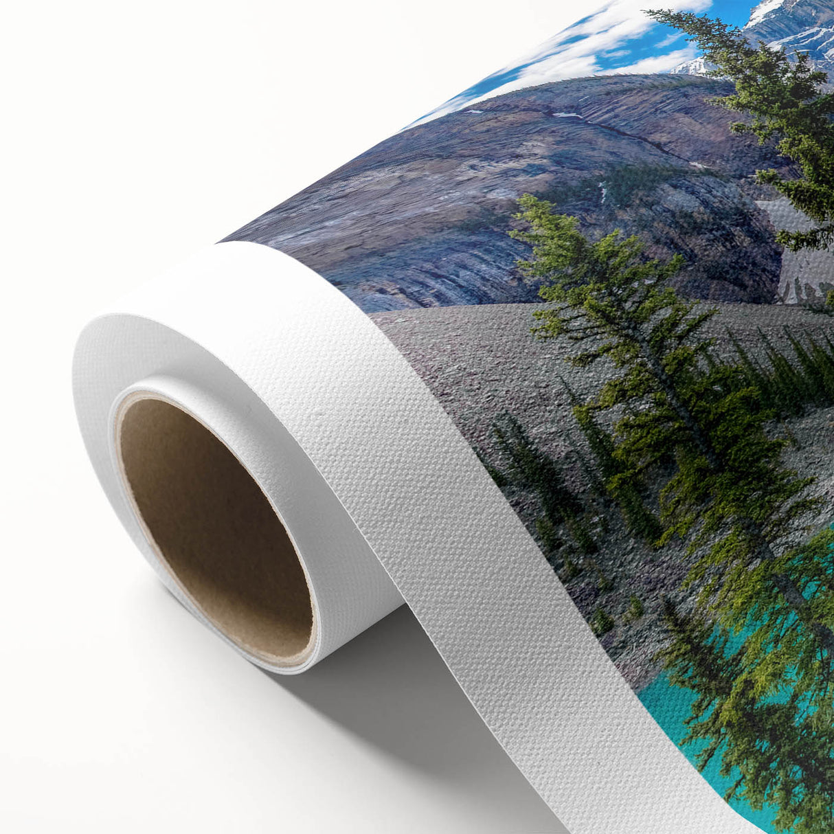 Vibrant rolled canvas wall art depicting serene lake landscapes with lush greenery and a tranquil sky, perfect for enhancing home decor.