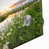 Close-up of a vibrant landscape wall art piece showcasing serene lake reflections and lush greenery, printed on acrylic glass, perfect for home decor.