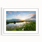 Framed wall art featuring a serene lake landscape design, with a white mat and sleek frame, perfect for enhancing home decor with a tranquil nature theme.