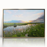 Framed wall art featuring a serene lakeside landscape design with vibrant colors and gold accents, perfect for adding elegance to any room decor.