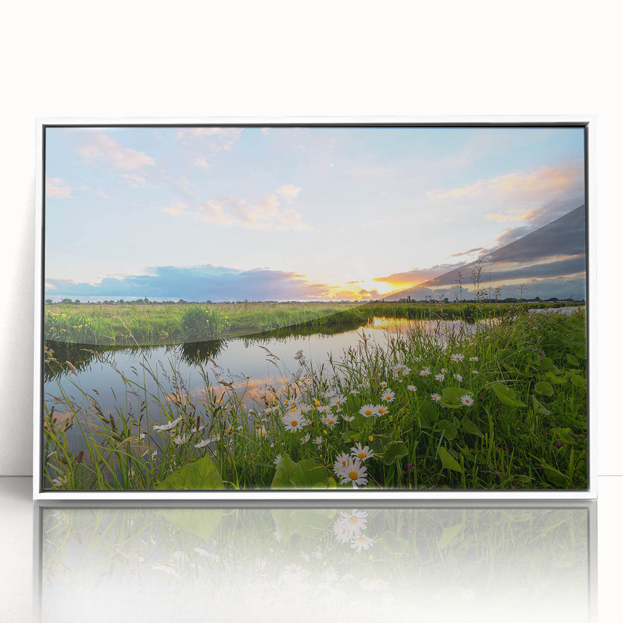 Framed wall art featuring a serene lake landscape design with vibrant colors, displayed in a sleek white frame, enhancing any modern decor.