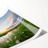 Serene landscape wall art featuring a tranquil lake surrounded by lush greenery and majestic mountains, beautifully rolled and ready for display in any space.