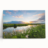 Stretched canvas artwork showcasing a serene lake landscape with vibrant colors, perfect for home decor or office settings, highlighting nature's tranquility.
