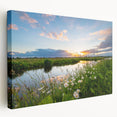 Stretched canvas wall art showcasing a serene lake landscape with vibrant colors and detailed reflections, perfect for enhancing home decor and creating a calming atmosphere.